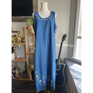 Vintage 90s Denim Maxi Dress With Embroidered Florals Size Large